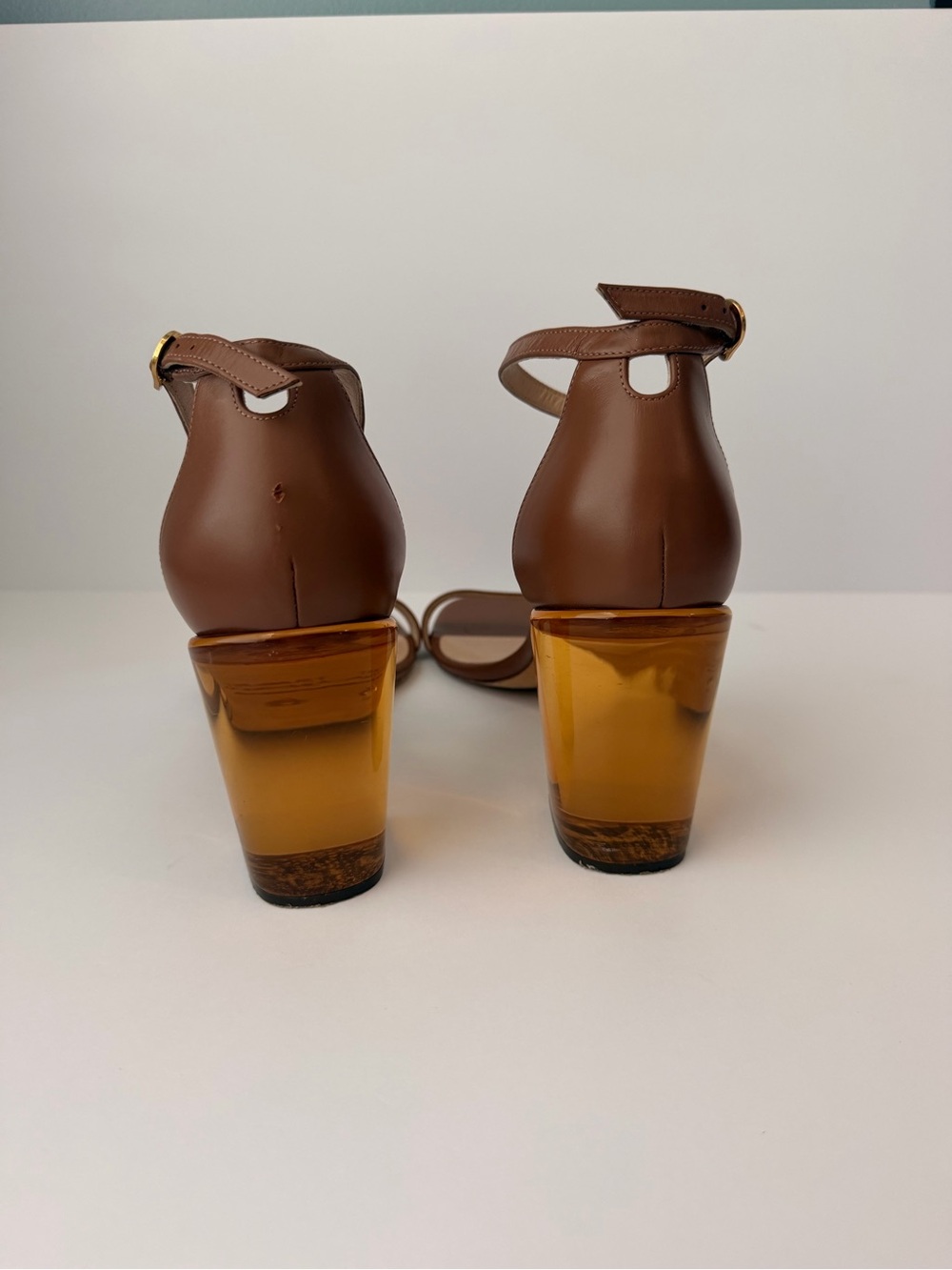 Stuart Weitzman Brown Leather Sandals with Amber Block Heel size 10 - Picture 4 of 7